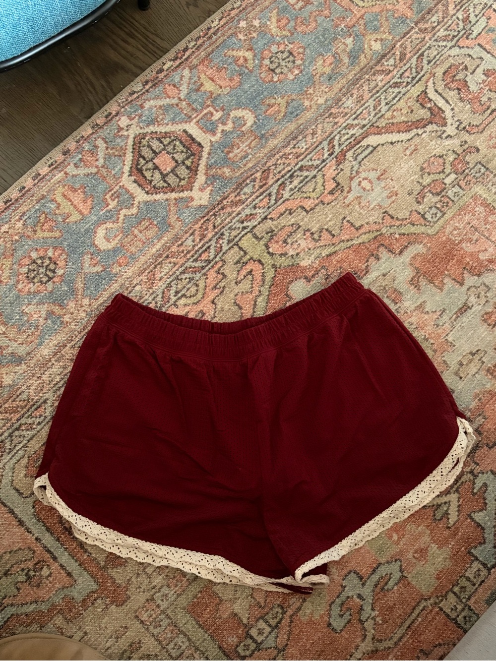Women's Burgundy Athletic Shorts with Cream Lace Trim